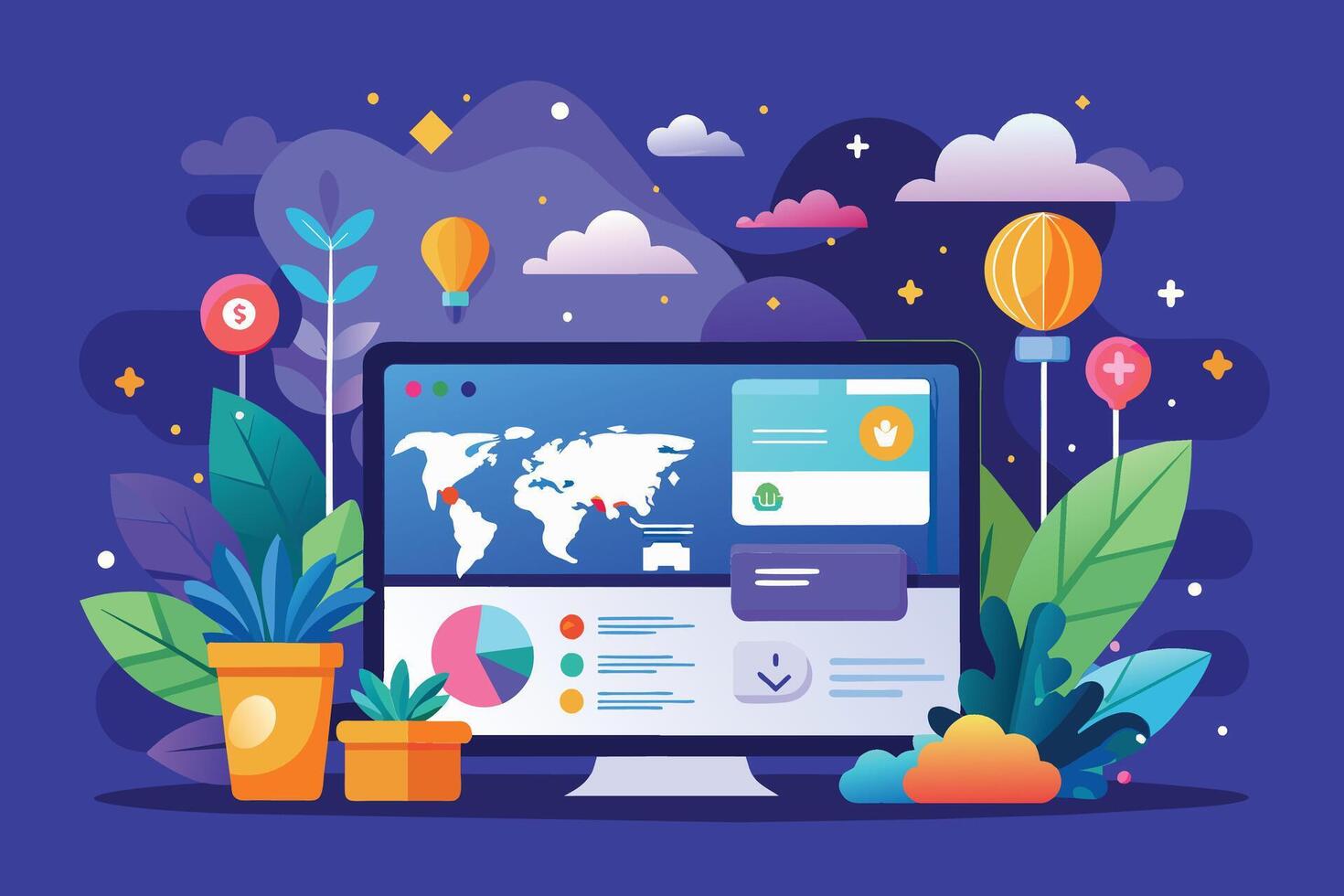 A vibrant illustration showcasing global business analytics and growth represented by a desktop computer with a map of the world, charts, and other data visualizations. vector
