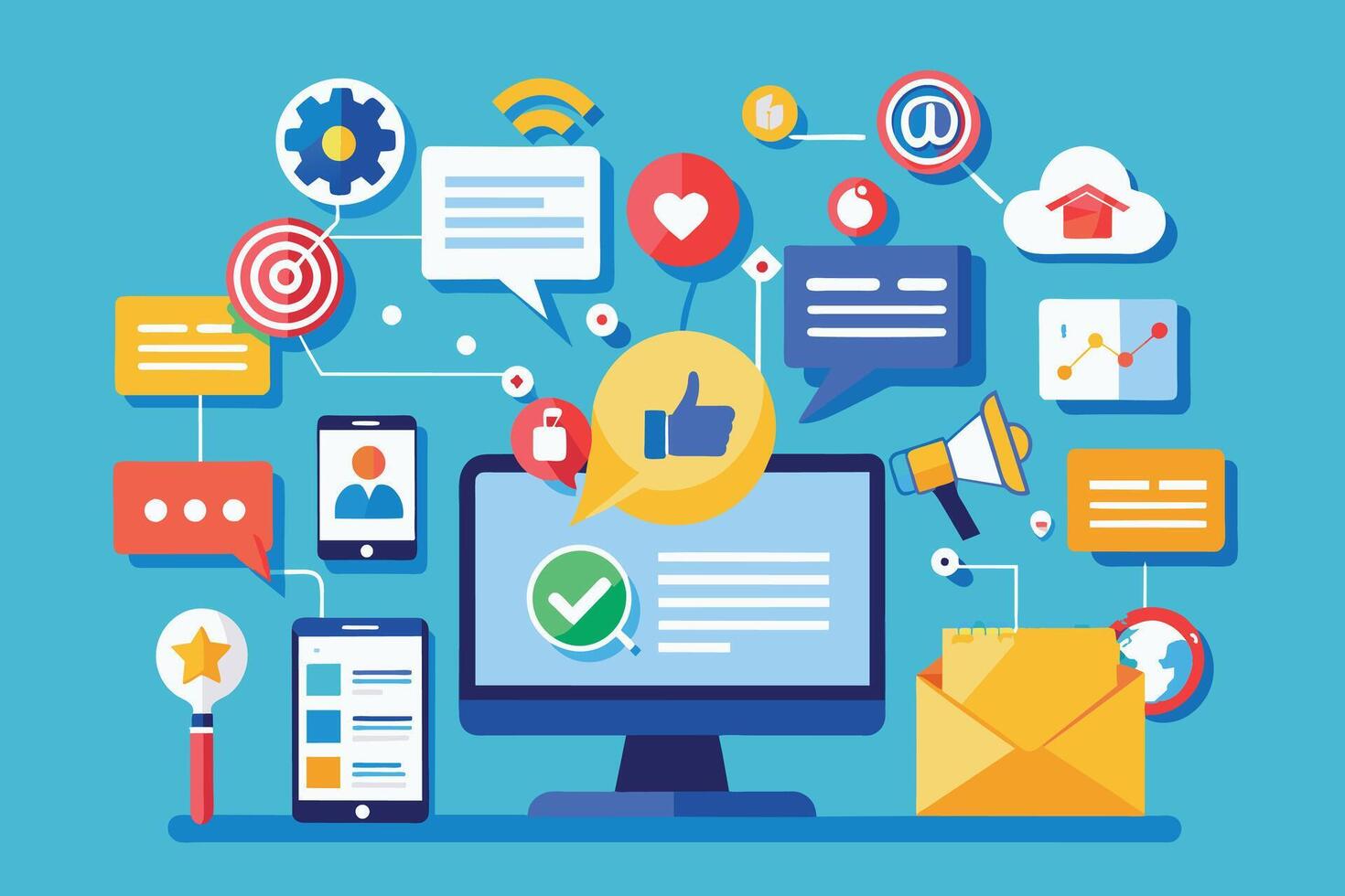 A digital marketing strategy illustration featuring a computer, mobile devices, and social media icons connected by lines. vector