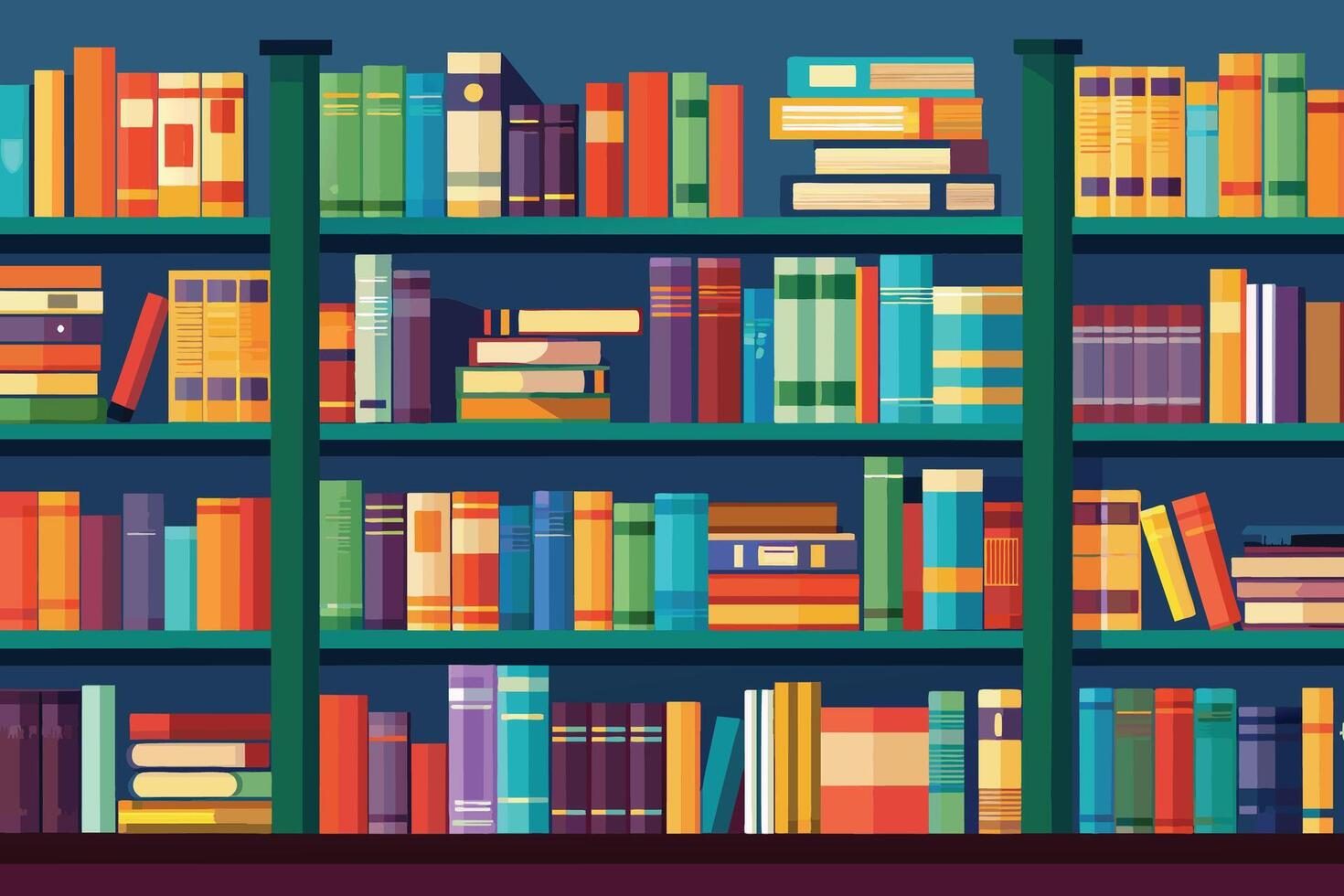 A digital illustration of a bookshelf filled with a variety of colorful books. The books are arranged in rows on the shelves, with some books stacked on top of others. vector