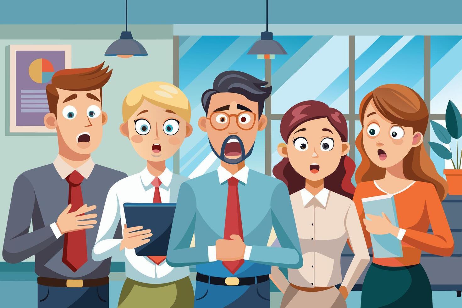 A group of office workers stand with surprised expressions, gathered around a colleague in a modern office space. vector