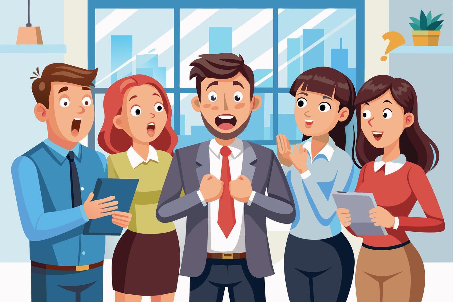 A group of four business colleagues stand in an office, reacting with surprise and applause to a successful presentation. vector