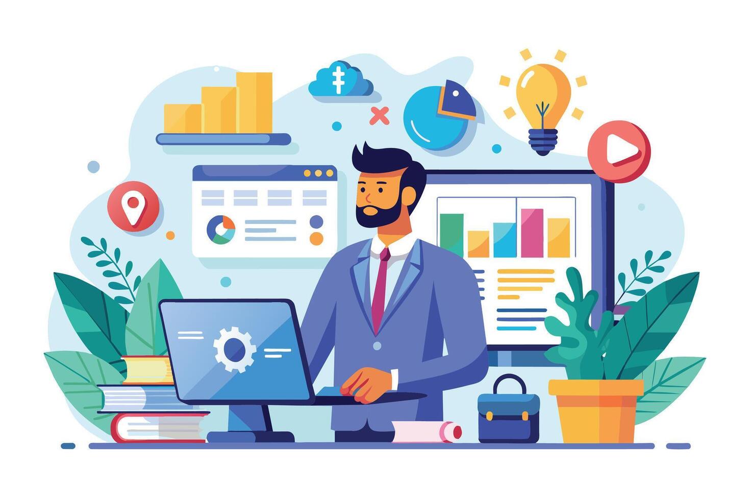 A businessman working on his laptop, surrounded by data analytics charts and graphs. vector