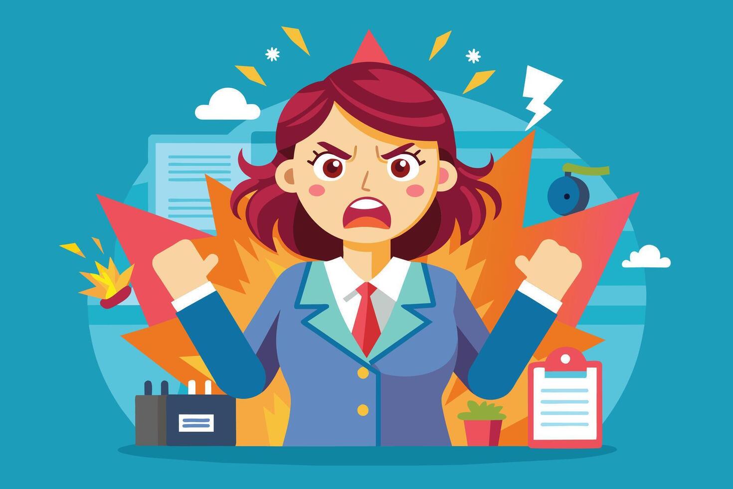 A cartoon image of an angry businesswoman in her office. She is surrounded by explosions, indicating her frustration and stress. vector