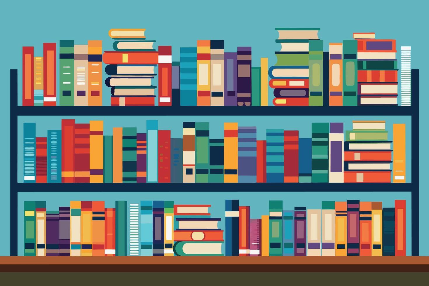 A bookshelf filled with a variety of colorful books, arranged in a neat and organized manner. vector