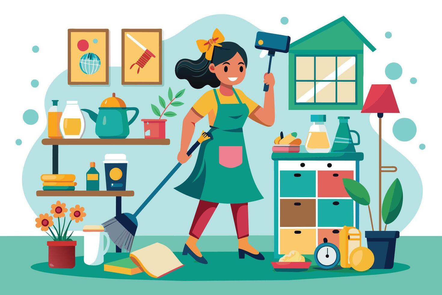 A woman is cleaning her home with a broom and squeegee. She is wearing an apron and is smiling. The home is decorated with plants, artwork, and other objects. vector