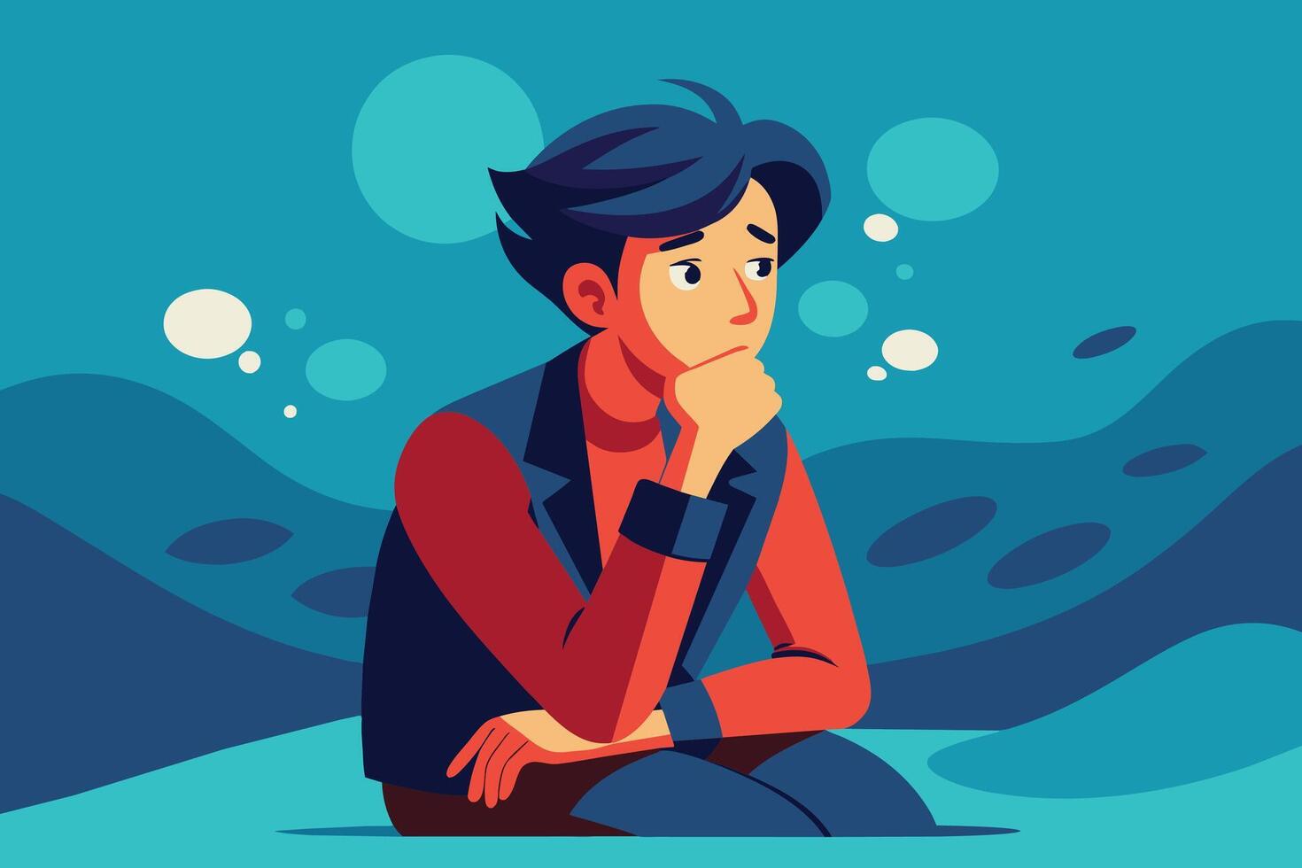 A cartoon illustration of a young man with blue hair sitting thoughtfully in a watery environment, surrounded by bubbles. vector