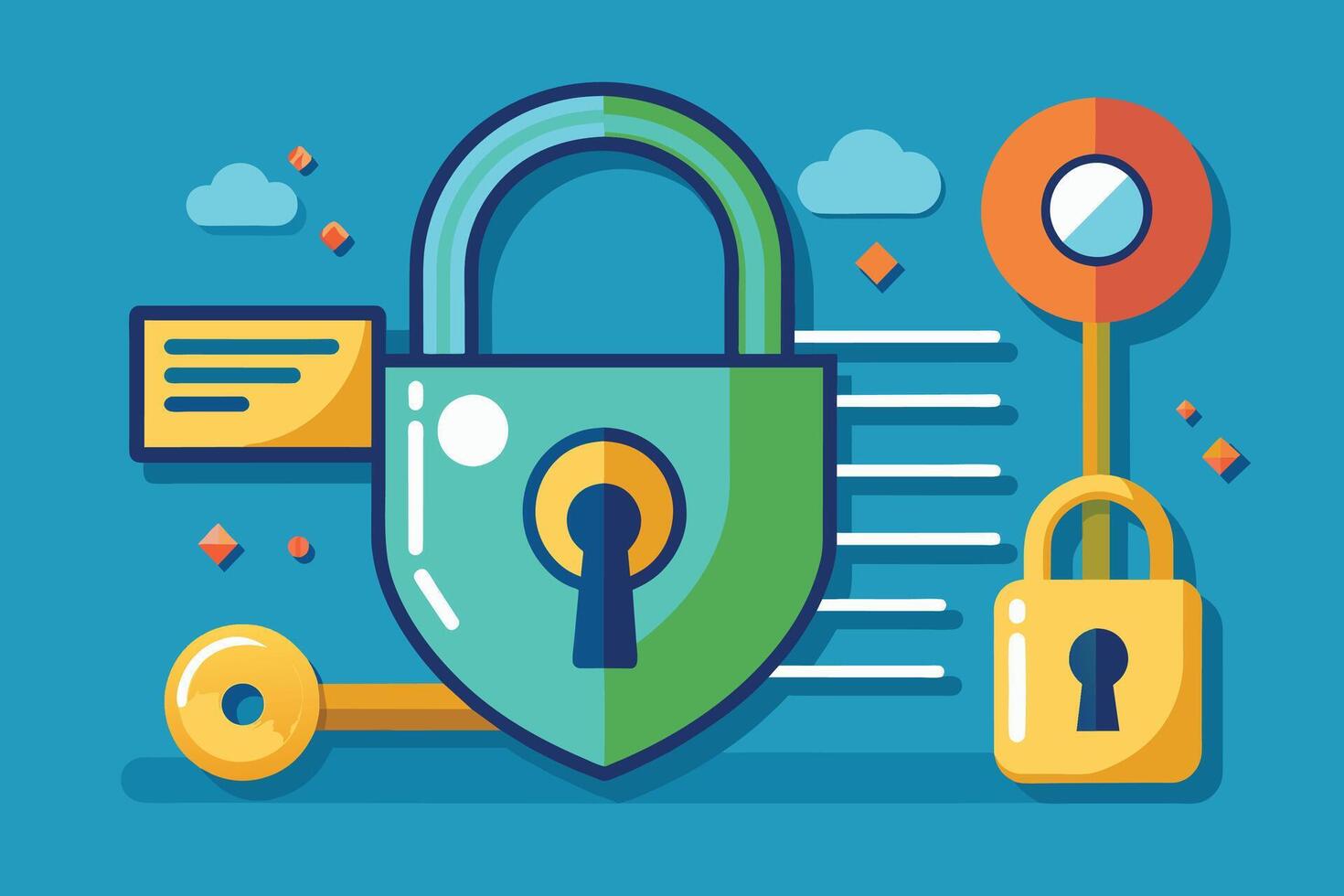 An illustration of a green padlock with a key, a yellow lock, and a blue background. vector