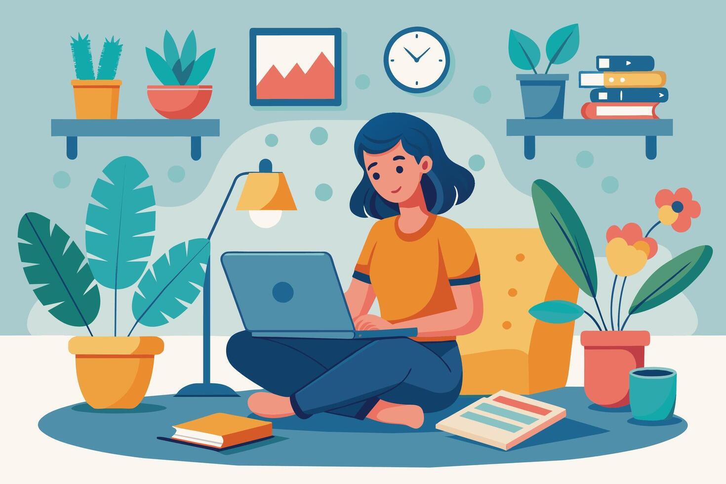 A woman sits on a comfortable cushion, using her laptop, in a home office filled with plants and books. vector