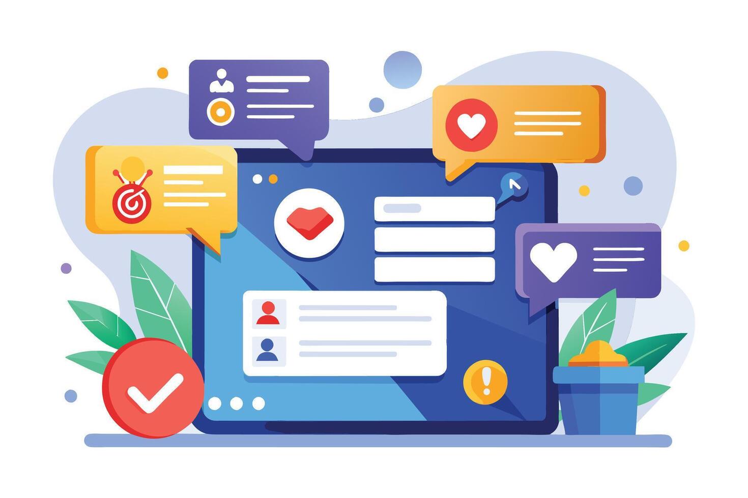 A digital marketing strategy with social media engagement and customer feedback. vector