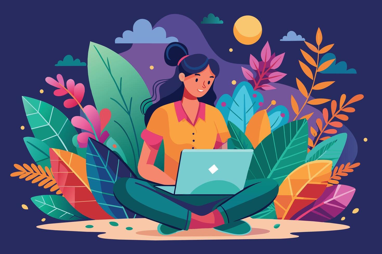 A woman sits with her legs crossed, working on a laptop in a lush, colorful outdoor setting. The vibrant leaves and flowers create a tranquil and inspiring atmosphere. vector