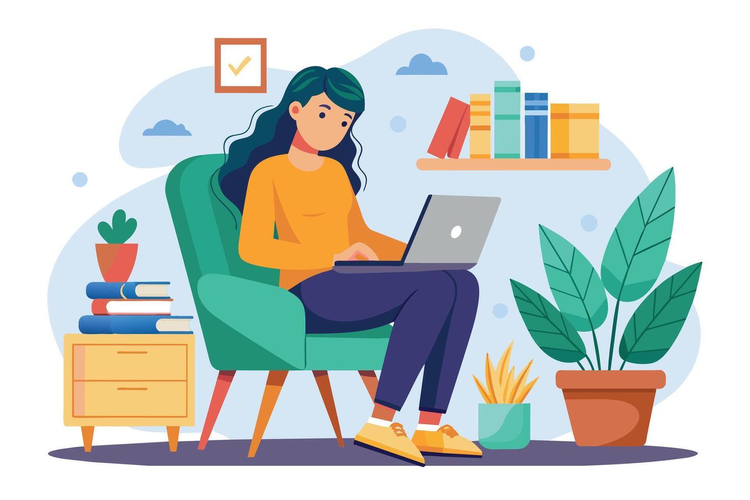 A woman sits in a comfortable armchair in her home office, working on a laptop. She is surrounded by books, plants, and a cozy atmosphere. vector