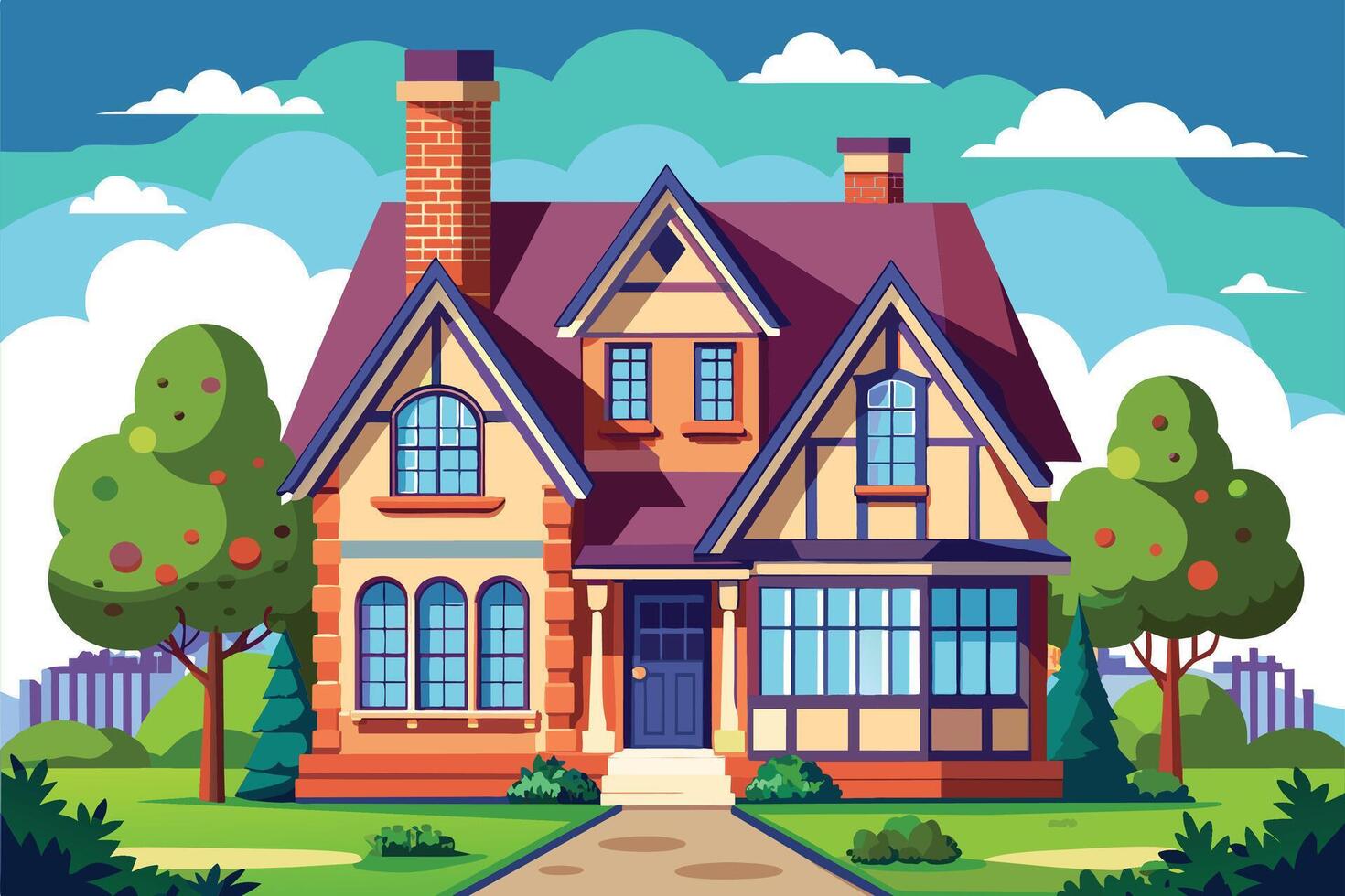 A cartoon illustration of a two-story house with a gabled roof, large windows, and a brick exterior. The house is surrounded by green grass and trees, and the sky is a bright blue. vector