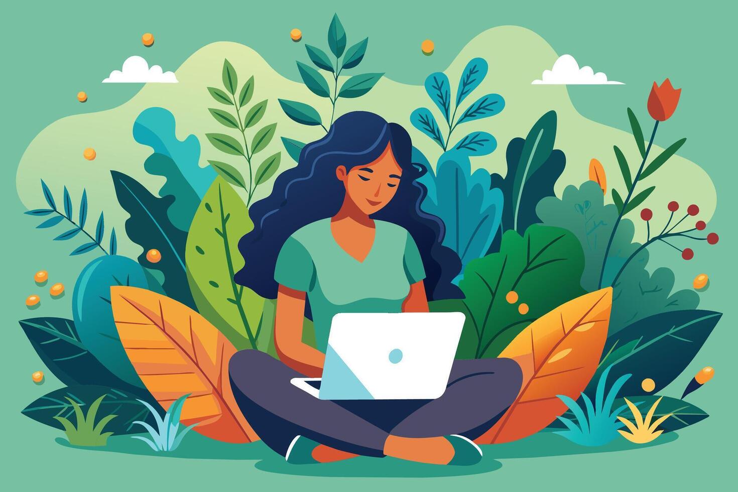 Illustration of a woman sitting cross-legged in a lush garden setting, working on a laptop. vector