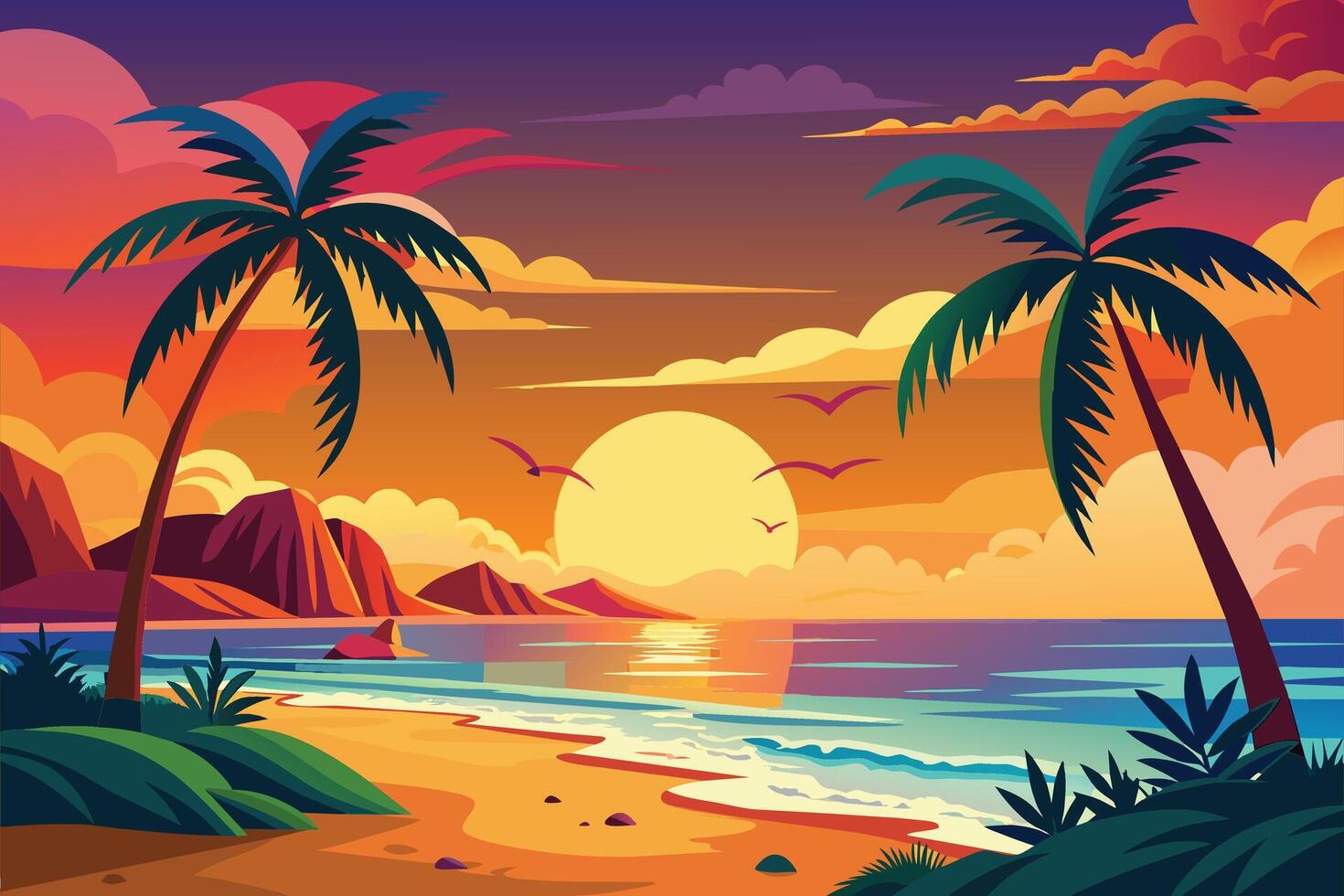 An illustration of a tropical beach sunset with palm trees, flying birds, and mountains in the background. vector