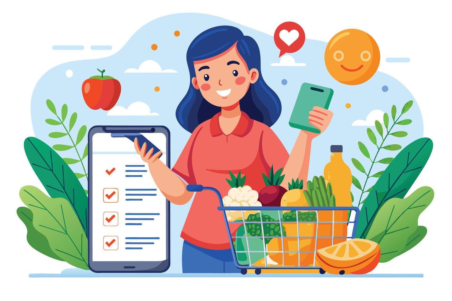 A smiling woman checks her grocery list on a smartphone while holding a shopping cart full of fresh fruits and vegetables. vector