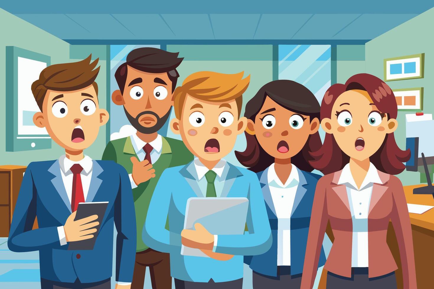 A group of five office workers stand in an office, all looking surprised and shocked as they react to some unexpected news. vector