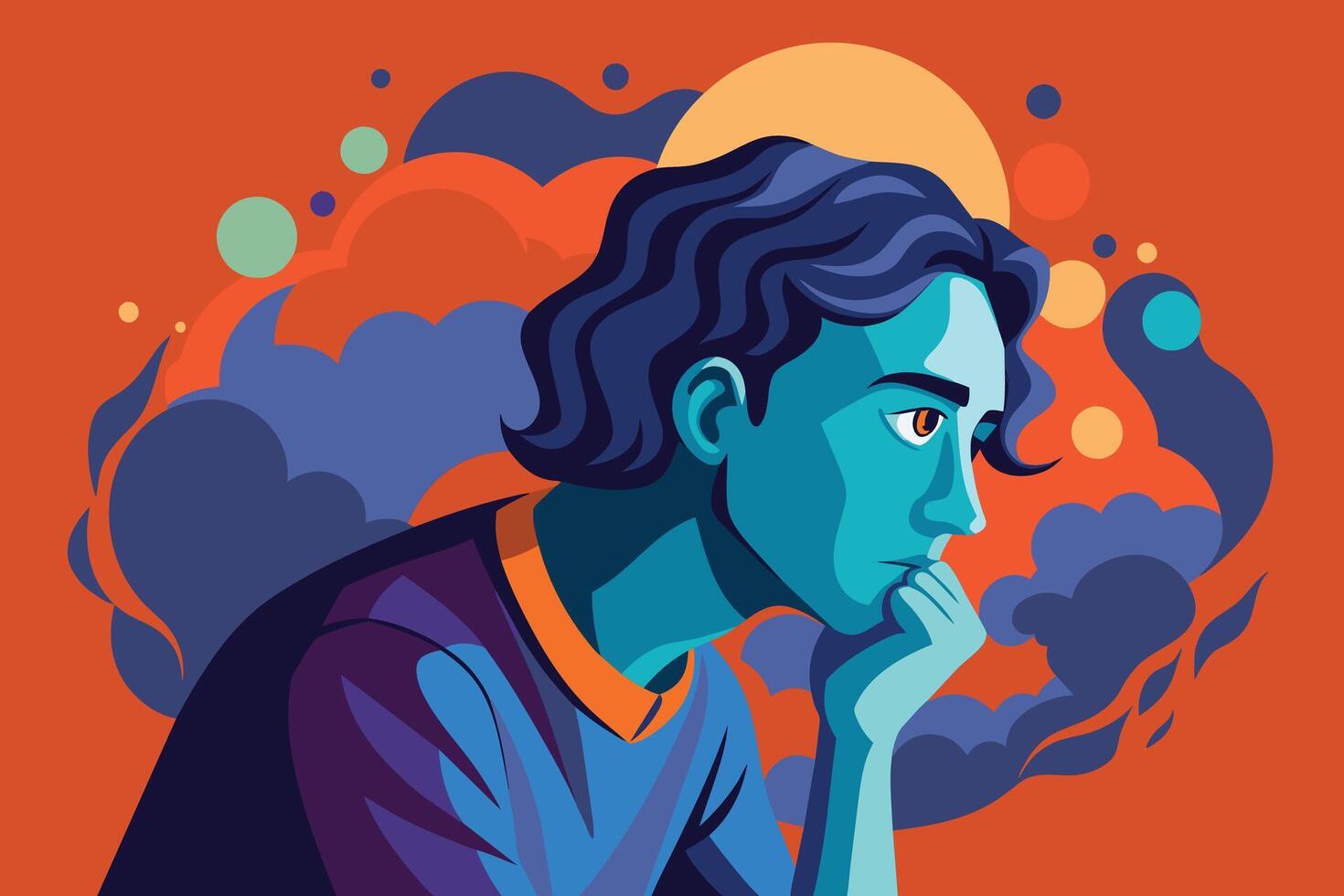 A digitally drawn illustration depicting a blue figure with a pensive expression, resting their chin on their hand, against a background of colorful, abstract shapes resembling clouds. vector