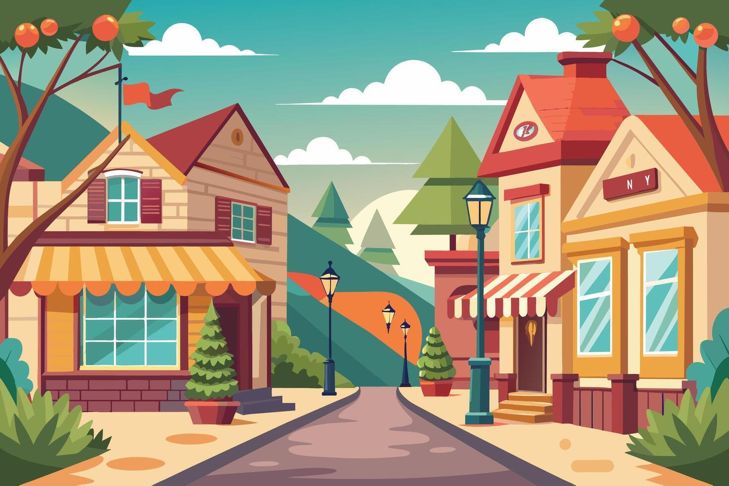 A bright, colorful illustration of a town street, featuring charming buildings with awnings, streetlights, and trees. The scene is set on a sunny day, with clouds in the sky. vector