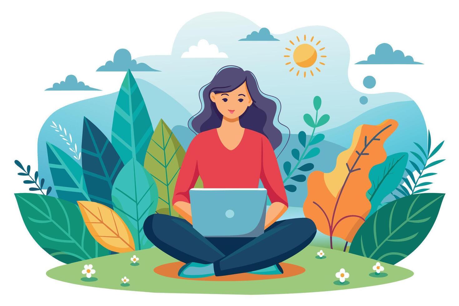A woman sits on the grass in a park with a laptop in her lap, working while enjoying the sunny weather and natural surroundings. vector