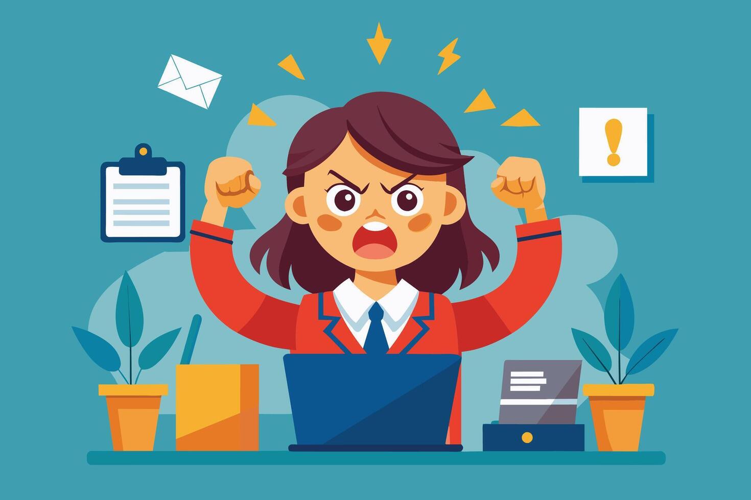 A cartoon illustration of a businesswoman sitting at her desk with an angry expression. She is surrounded by paperwork, a computer, and other office supplies. vector