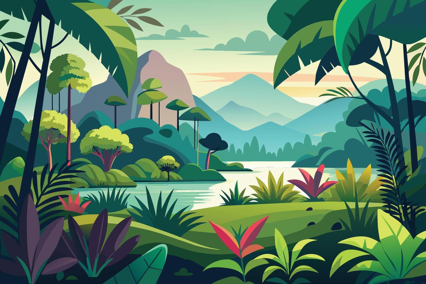 A vibrant illustration of a serene and lush green landscape. A winding river meanders through a forested valley with mountains in the background. vector