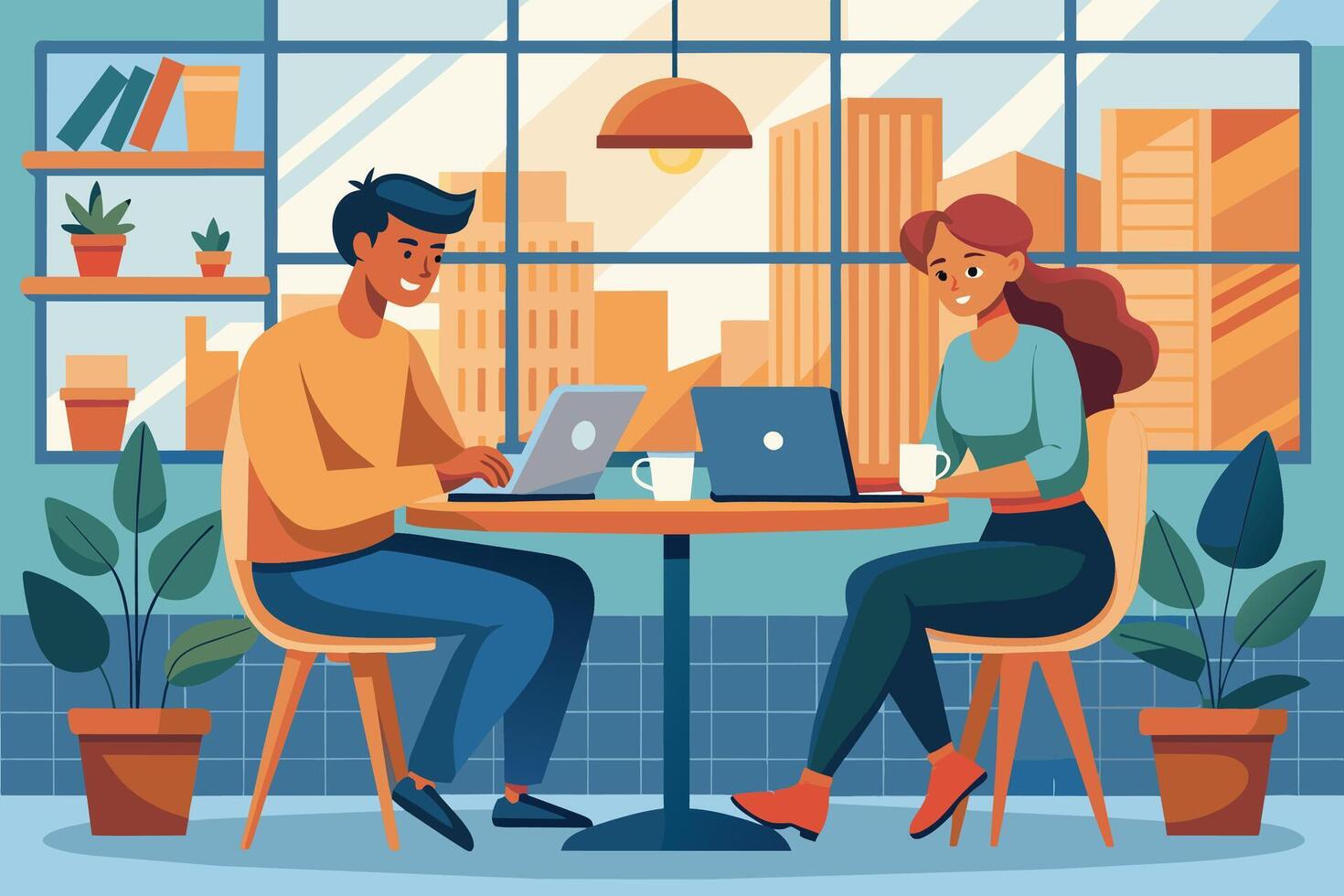 A man and woman are working on their laptops at a table in a coffee shop. They are both sitting in chairs and have coffee mugs in front of them. The window behind them has a view of the city. vector