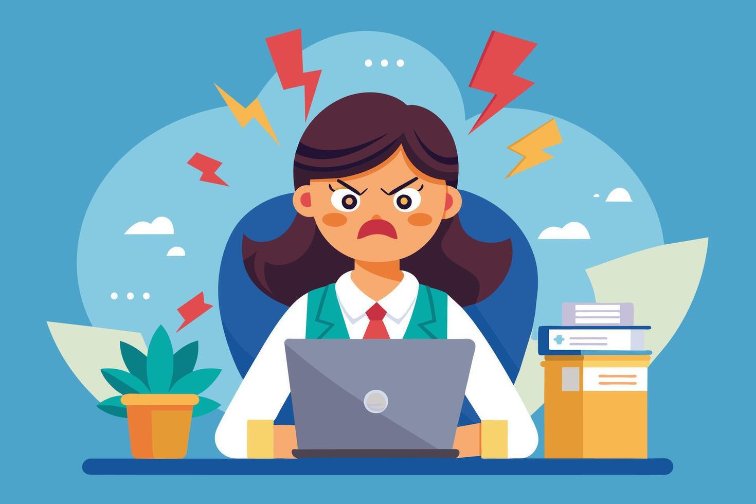 An illustration of a woman sitting at her desk in an office, looking angry and frustrated while working on her laptop. vector
