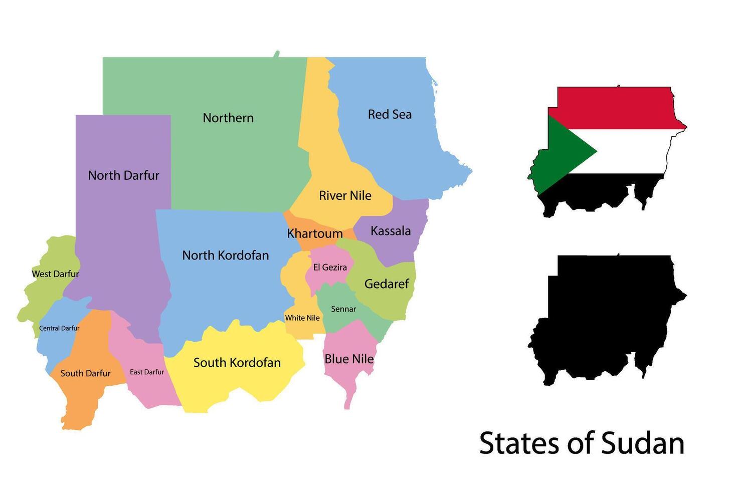 Sudan administrative divisions. Sudan with Provinces flag and map illustration . Districts of Sudan vector