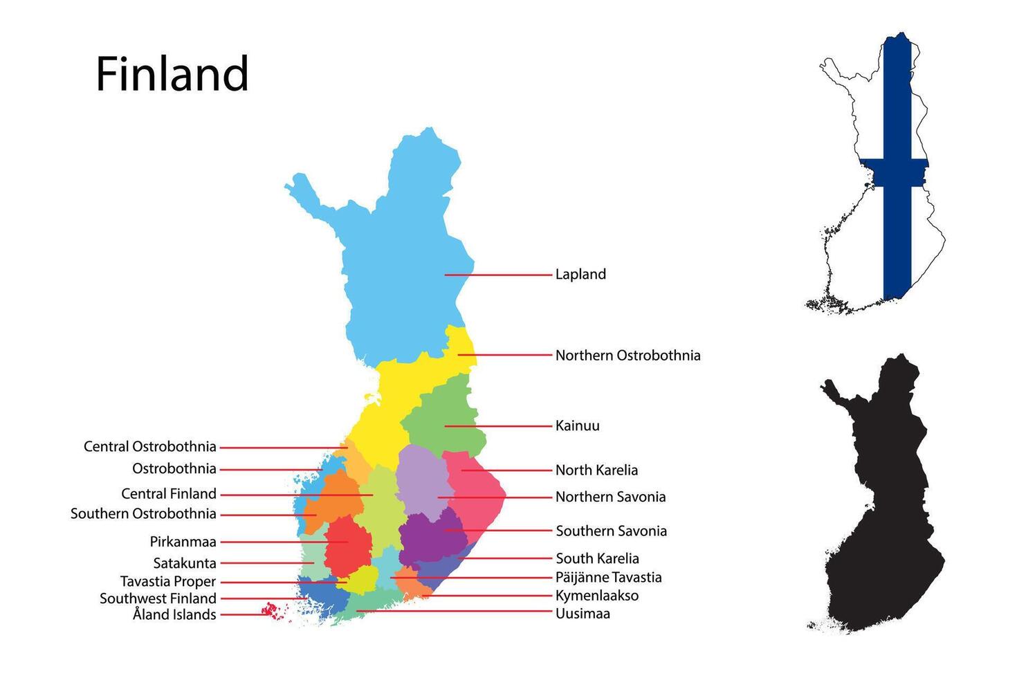 Finland administrative divisions. Finland with Provinces flag and map illustration . Districts of Finland vector