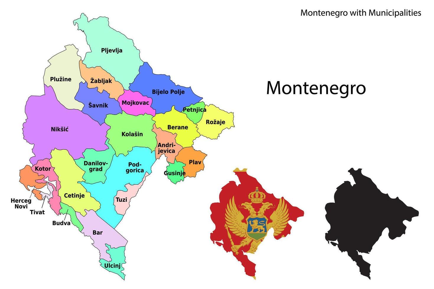 Montenegro administrative divisions. Montenegro with Provinces flag and map illustration . Districts of Montenegro vector