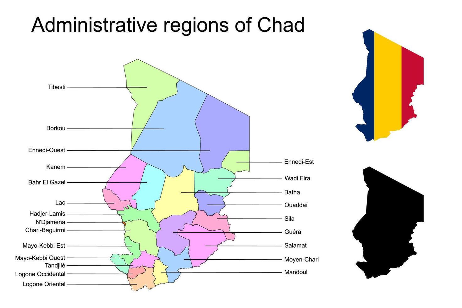 Chad administrative divisions. Chad with Provinces flag and map illustration . Districts of Chad vector