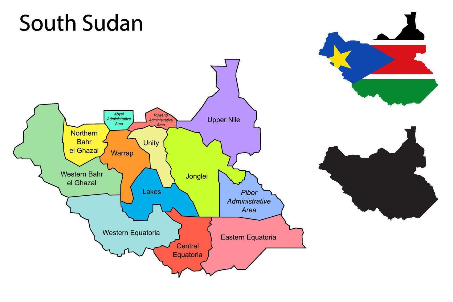 South Sudan administrative divisions. South Sudan with Provinces flag and map illustration . Districts of South Sudan vector