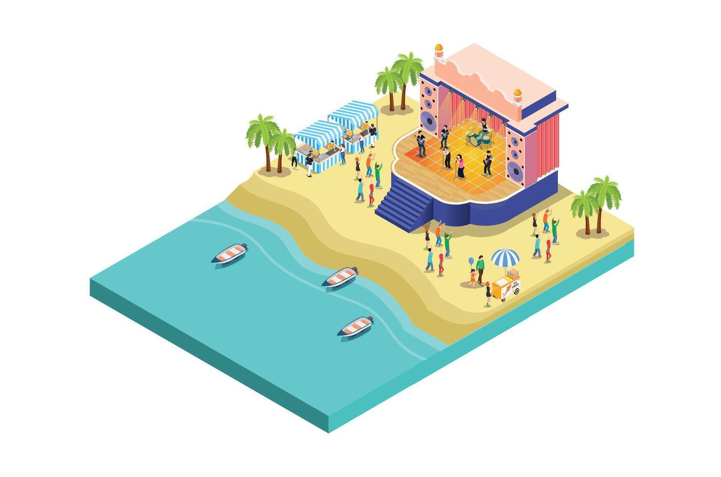 ISometric Music event Festival on the beach with blue sea and small boat, 3d Concept Isometric View of Concert Party Elements Background and Stage Landscape. vector