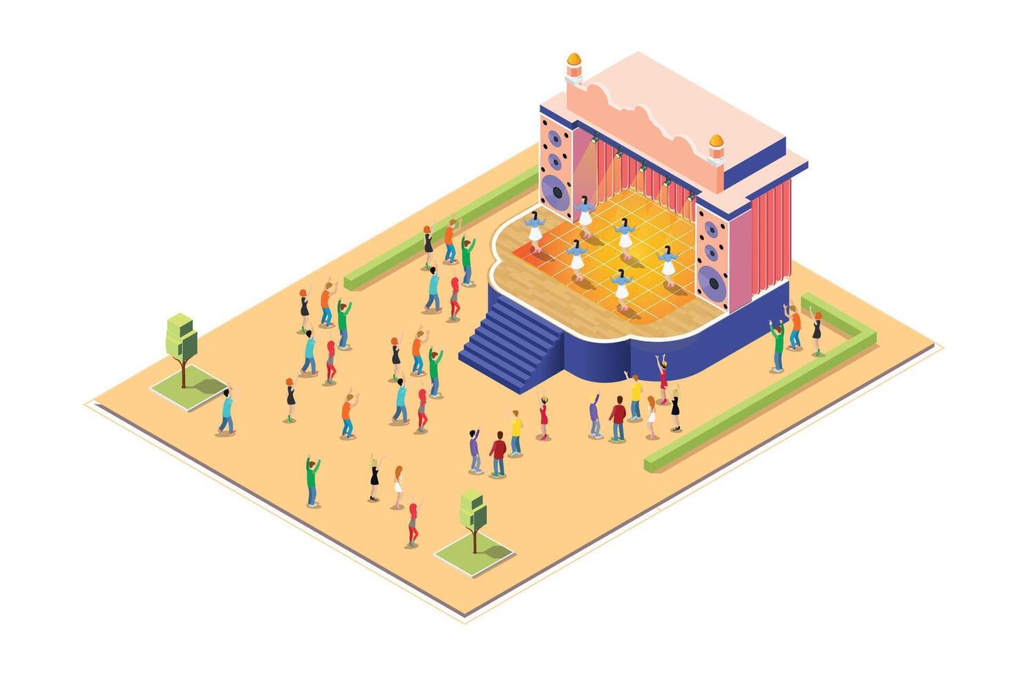Illustration enjoy the dance performance Concept 3d Isometric View Concert Party Elements Landscape Background and Stage. illustration of Musical Event vector