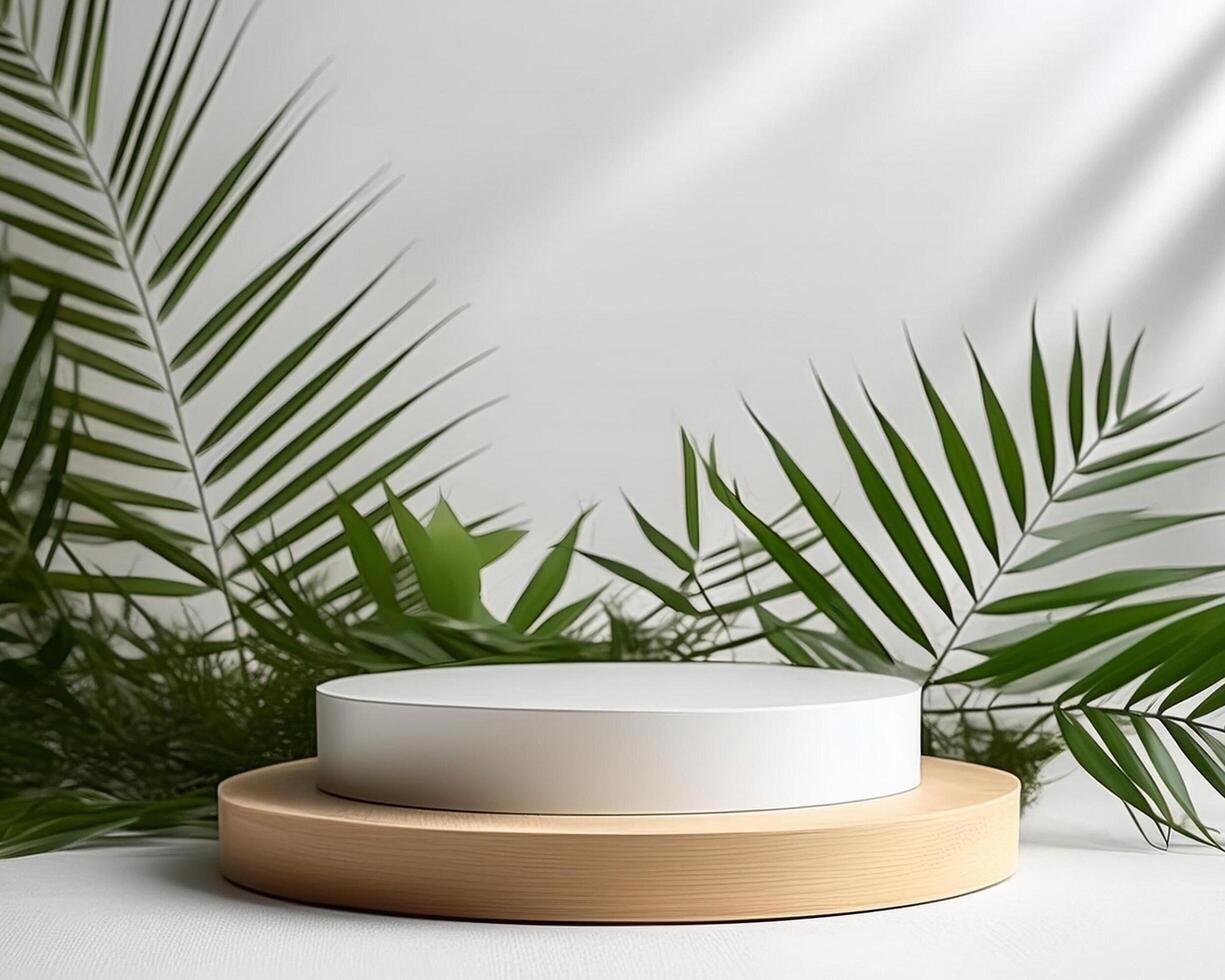 Product display podium with white background and leaf accent photo