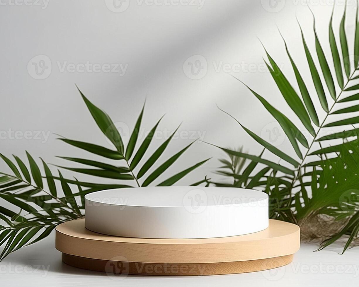 Product display podium with white background and leaf accent photo