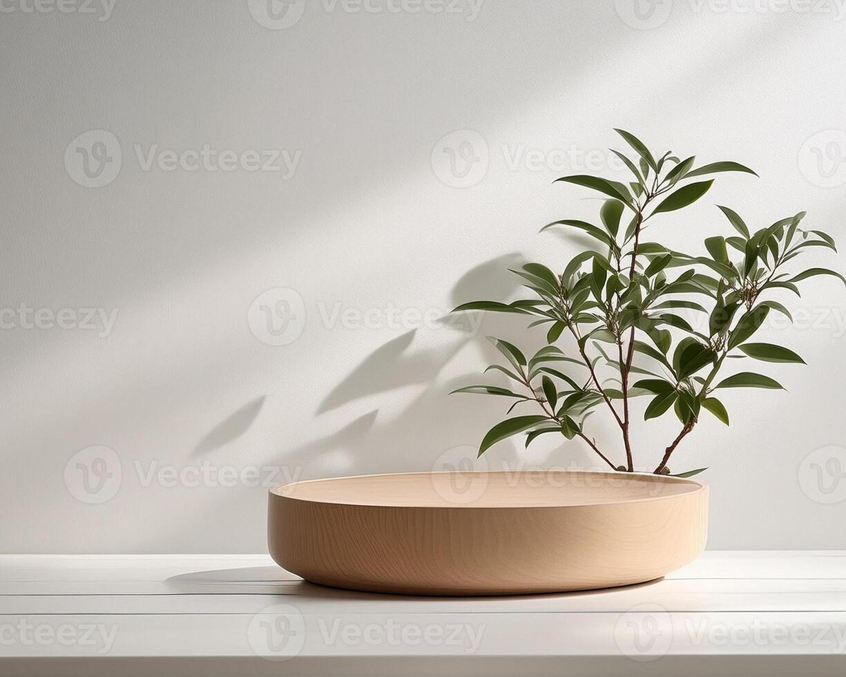 Wooden product display podium with white background and leaf accent photo