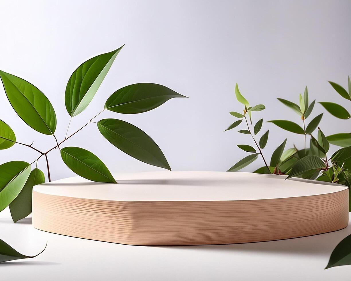 Wooden product display podium with white background and leaf accent photo