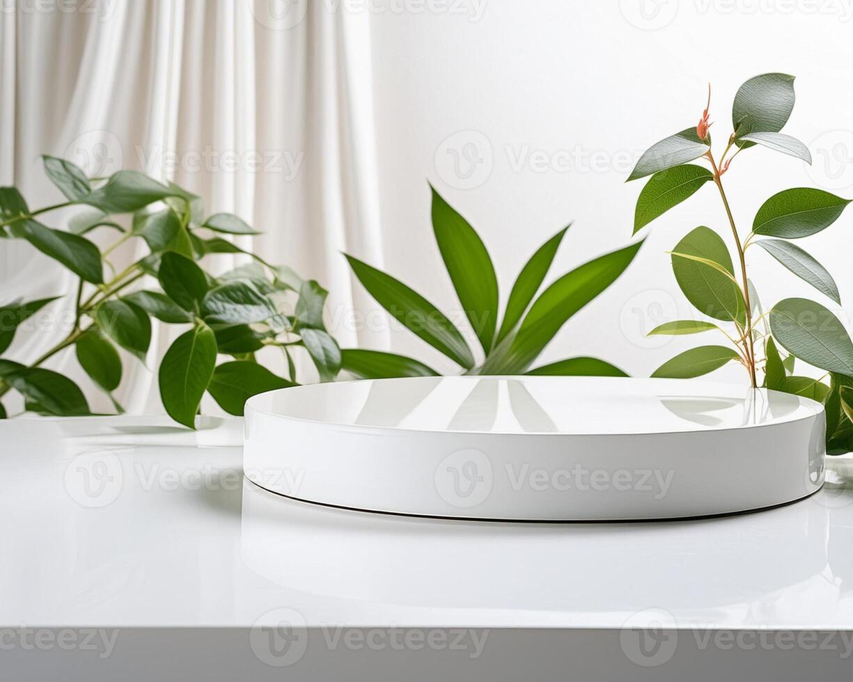 Product display podium with white background and leaf accent photo