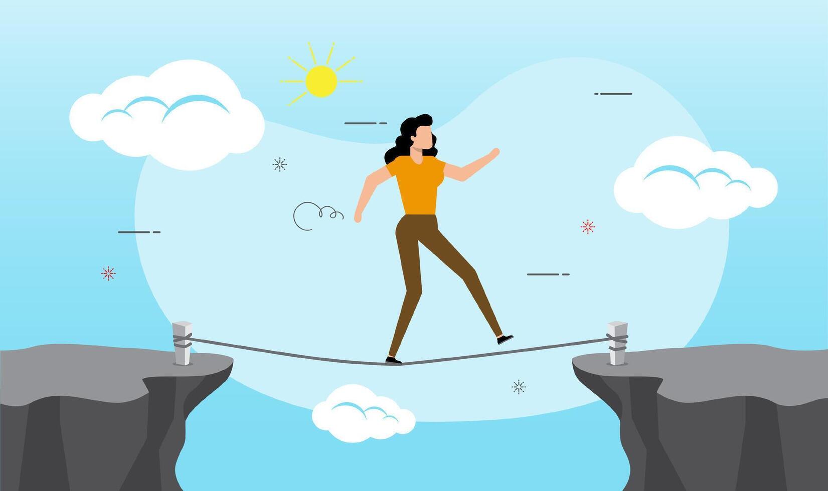 Businesswoman is walking a tightrope across gap vector