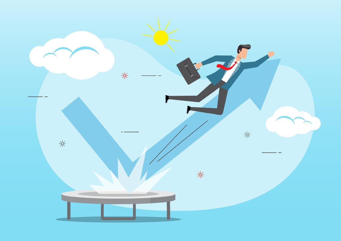 Businessman jump bouncing high on trampoline with performance arrow graph. vector