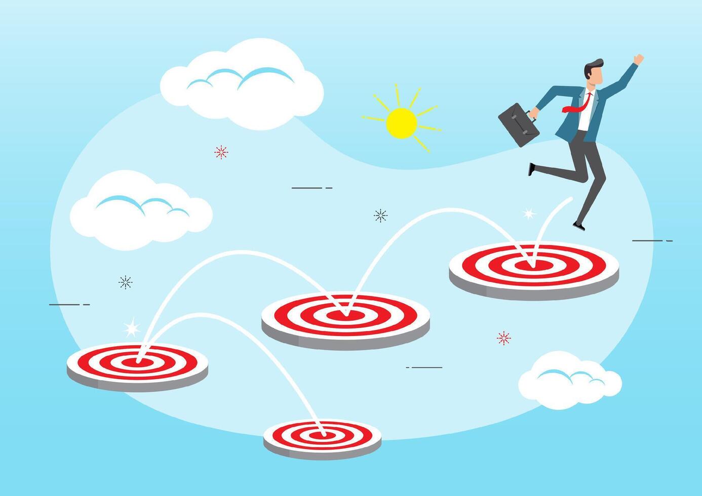 Businessman jumping on bigger and higher archery bulls eye target vector