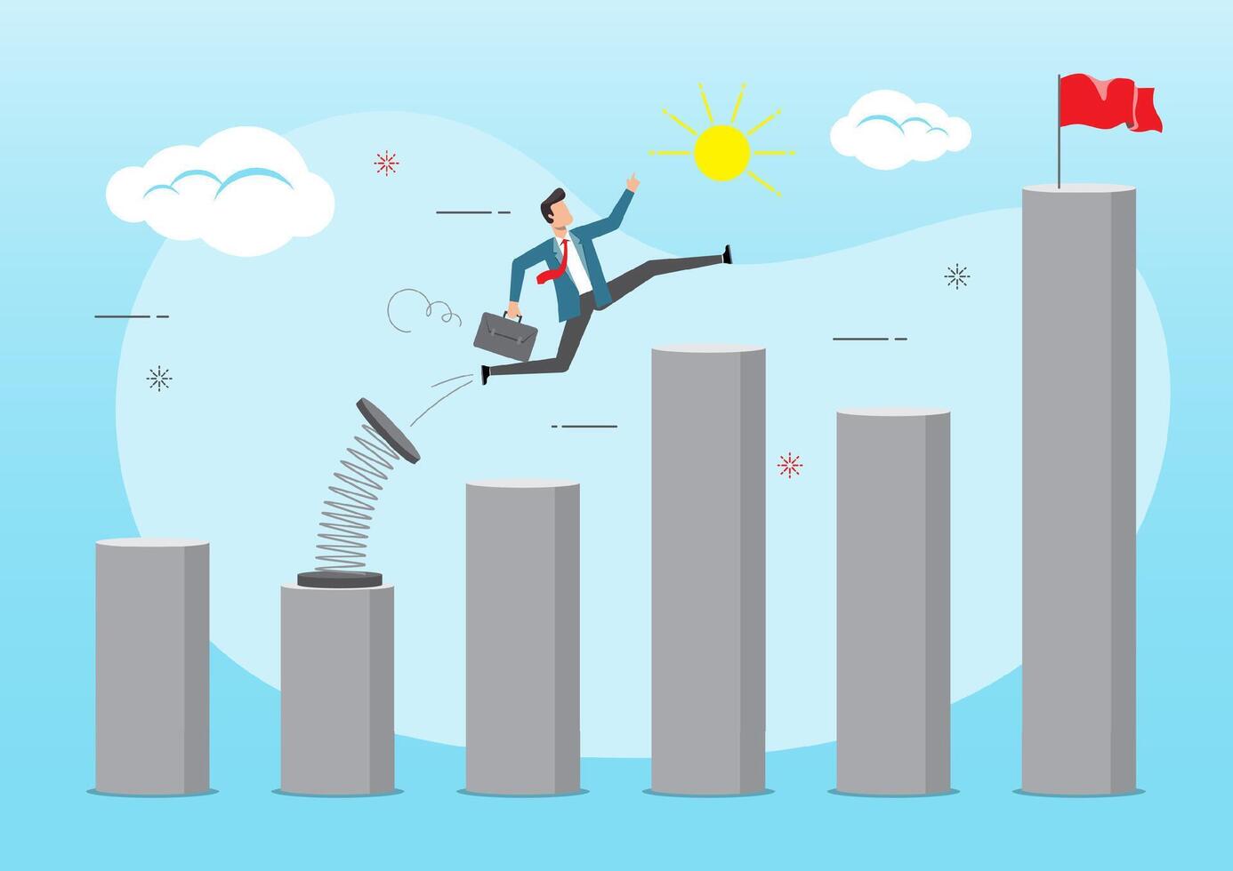 Businessman jump to higher column of graph with springboard vector