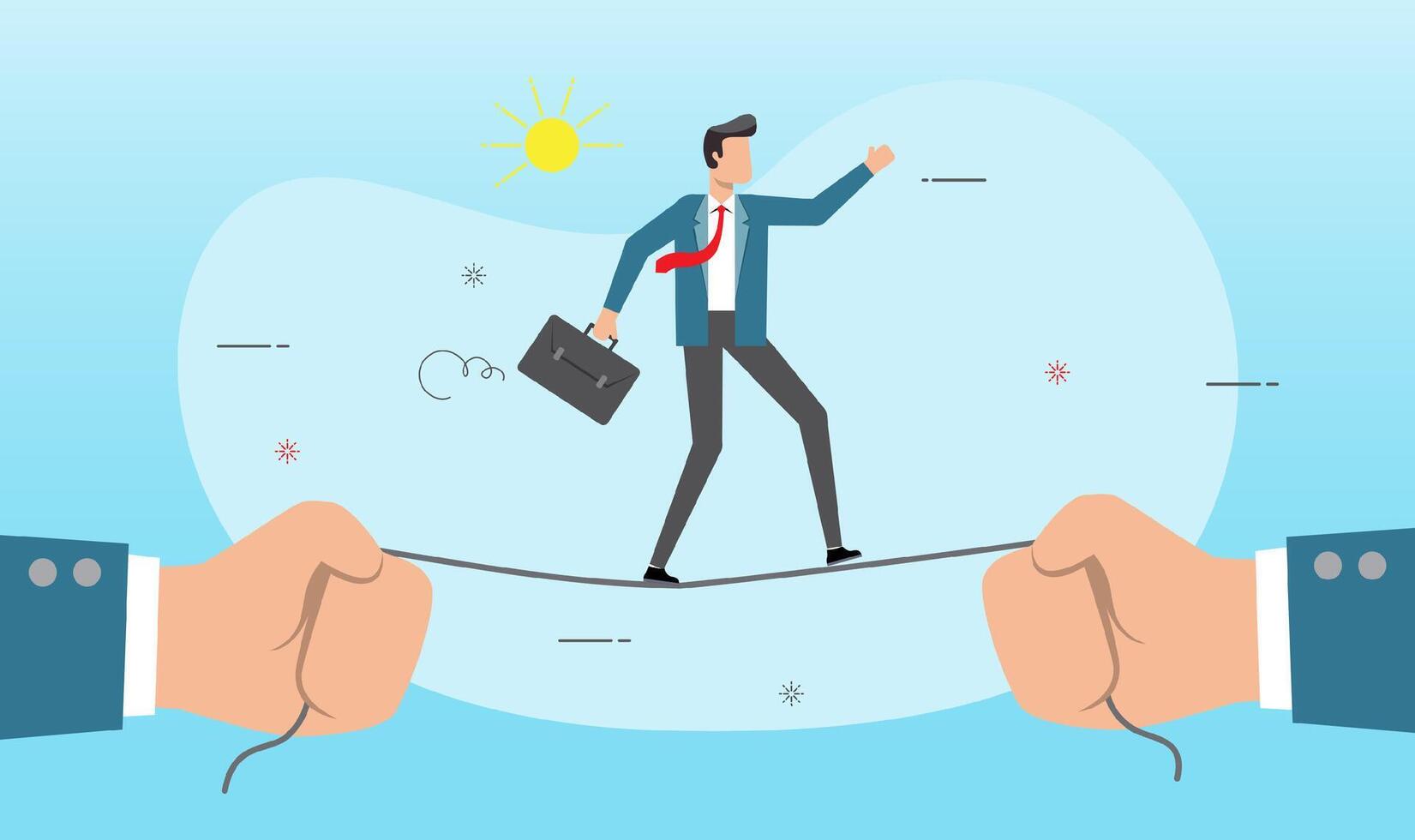 Businessman is walking a tightrope holding by hand vector