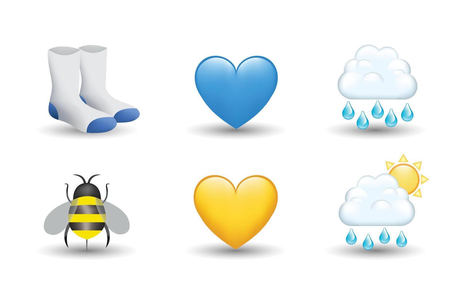 6 Emoticon isolated on White Background. Socks, cloud with raindrop, yellow and blue heart, bee, cloud with sun emoji illustration. 3d Illustration set. vector