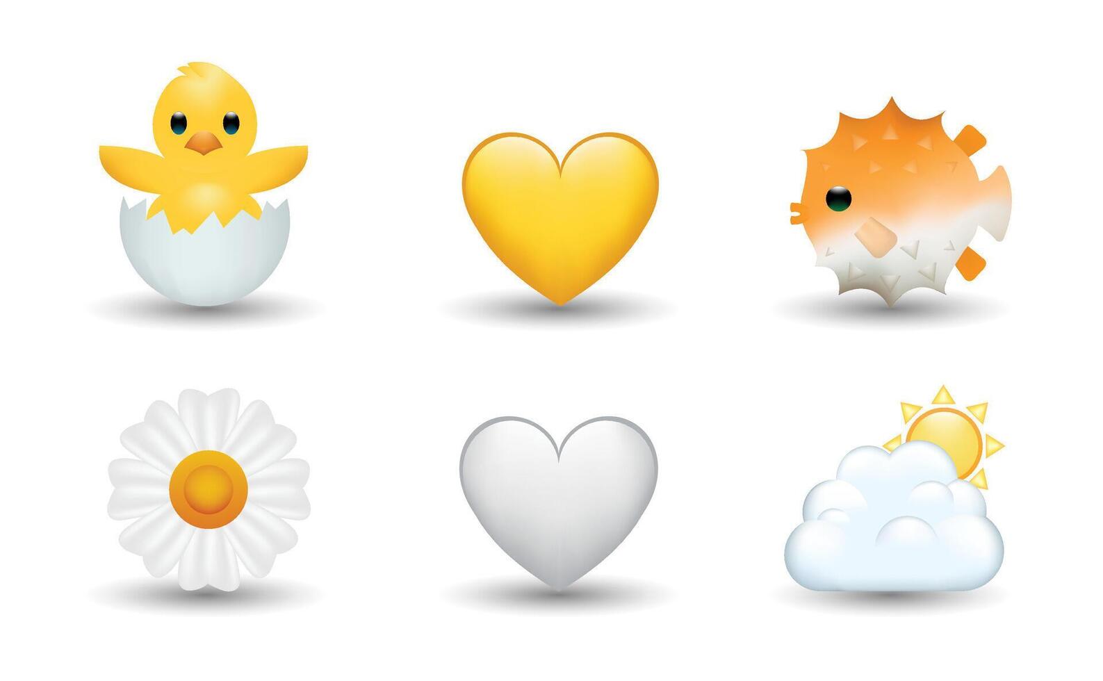 6 Emoticon isolated on White Background. Puffer fish, chicken with broken egg, white and yellow heart, Daisy, chamomile flower, cloud with sun emoji illustration. 3d Illustration set. vector