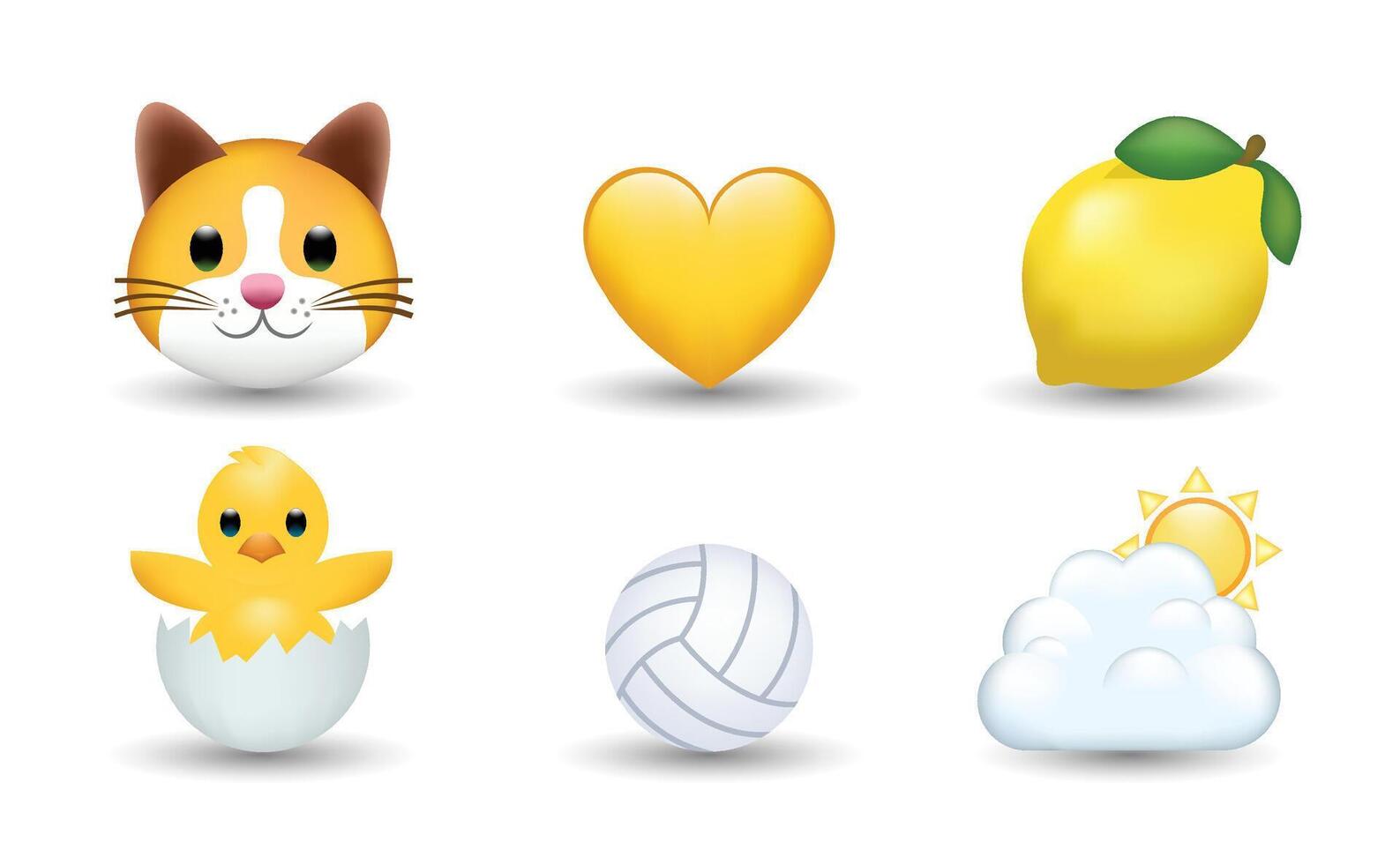 6 Emoticon isolated on White Background. Cat, hamburger, shrimp, yellow and orange heart, baby chicken with broken egg emoji Illustration. 3d Illustration set. vector