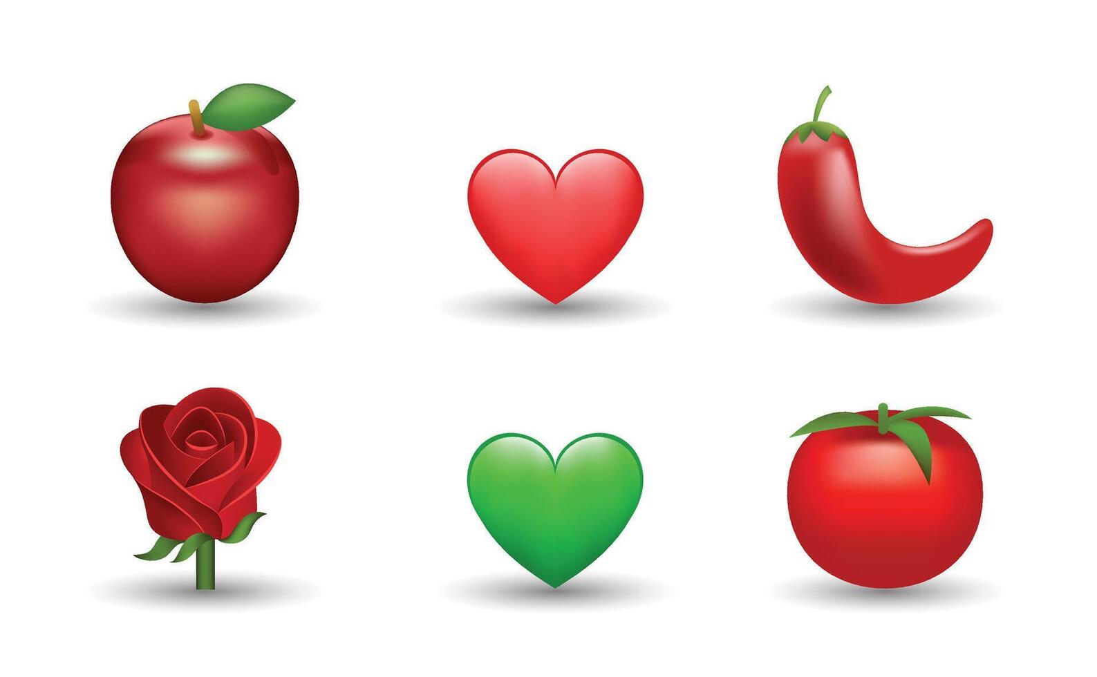 6 Emoticon isolated on White Background. Apple, pepper, red rose, red and green heart, tomato emoji Illustration. 3d Illustration set. vector