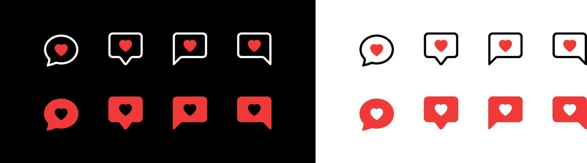 Social media online platform concept, social communication on applications. Photo frame with red heart and love emoji icon set. Chat bubble reaction in black and white for care. Editable illustration vector
