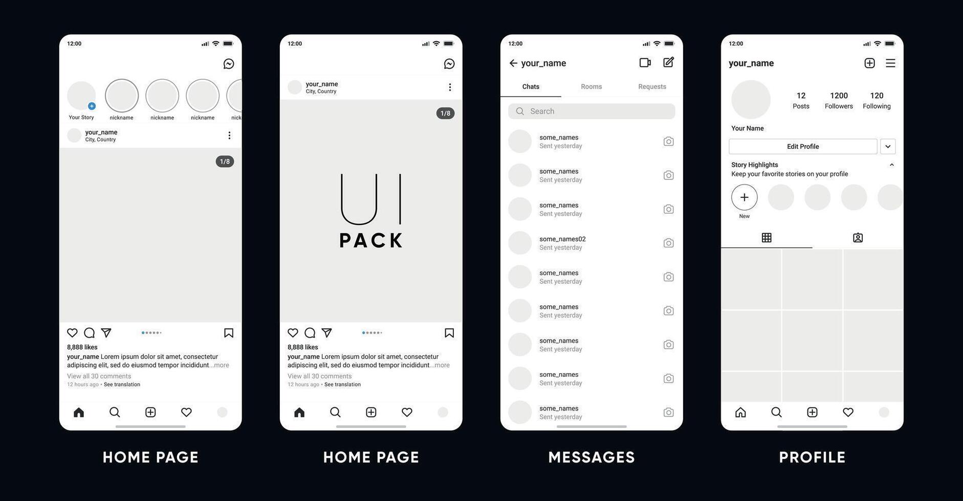 Social network post interface mockup template. Home page, messages, Post profile template. Profile Gallery Feed Elements for social media page mobile version. Smart phone UI vector